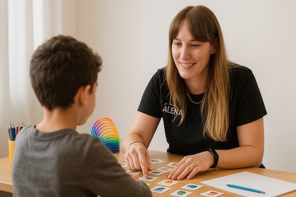 Lerntherapeutin Alena Schoessler mit einem Kind bei der Lerntherapie zu Hause