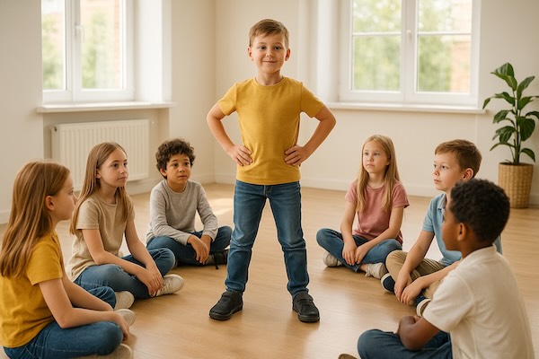 Kinder beim Selbstbehauptungstraining in einem Kreis, lernen gemeinsam Körpersprache und Selbstvertrauen