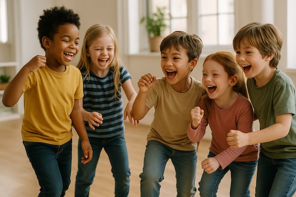 Gruppe fröhlicher Kinder mit starker Körpersprache und Selbstvertrauen
