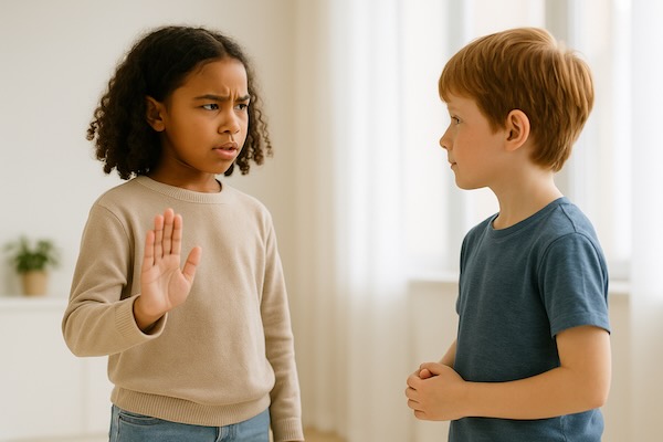 Zwei Kinder beim Rollenspiel - eines setzt selbstbewusst Grenzen