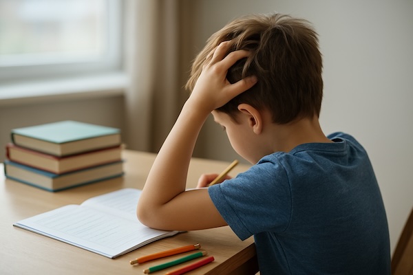 Kind löst Rechenaufgaben mit Lernmaterialien