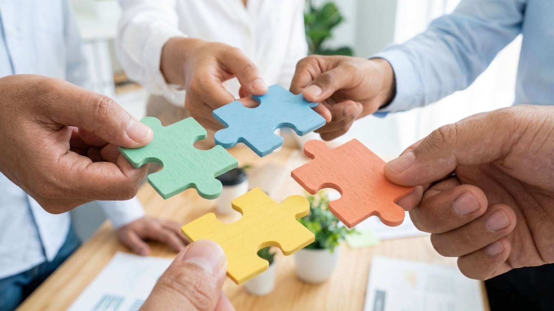 Hände fügen bunte Puzzleteile zusammen – gemeinsam Lösungen finden in der systemischen Beratung